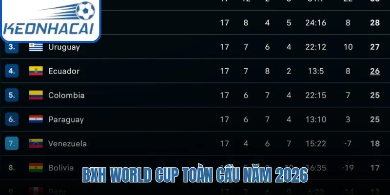 Cấu trúc BXH World Cup và tiêu chí phân hạng quan trọng