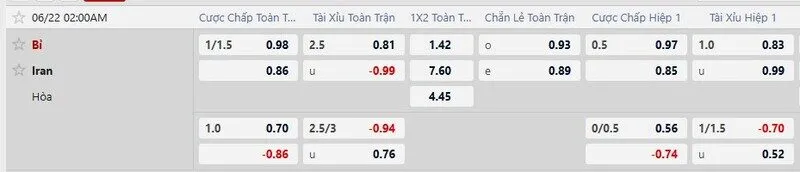 Bảng tỷ lệ kèo chi tiết Bỉ vs Iran